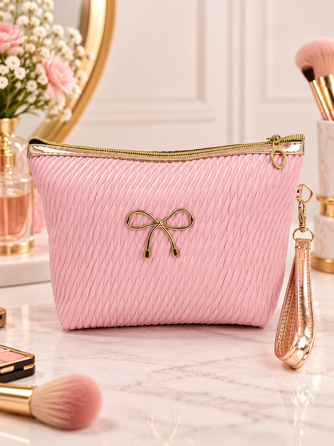 Pink pleated quilted cosmetic pouch with gold bow accent, zip top, wristlet strap